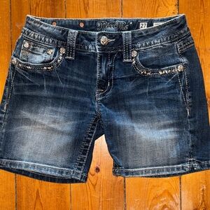 Miss Me Dark Blue Jean Shorts with Embellished Pockets